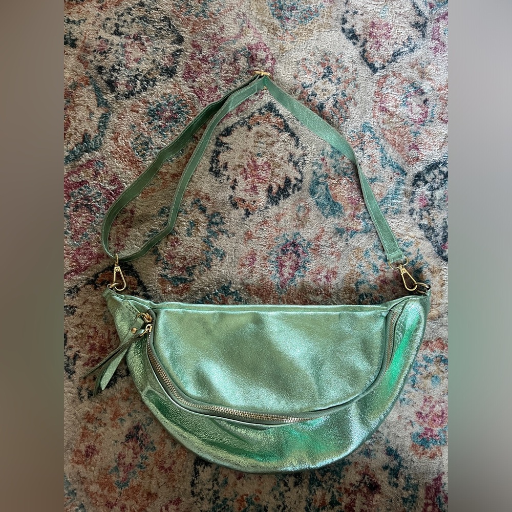 Shiny Cowhide Leather Metallic Shoulder Bag